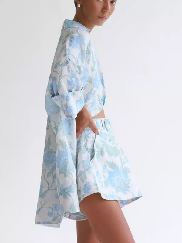 Casual Flared Sleeve Floral Shirt And Flared Shorts With Belt Two-Piece Set