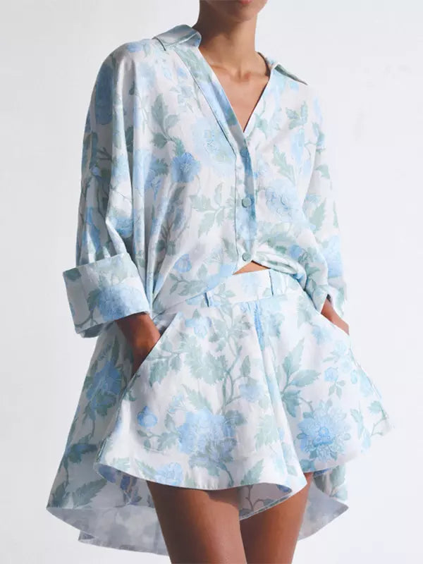 Casual Flared Sleeve Floral Shirt And Flared Shorts With Belt Two-Piece Set