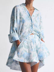 Casual Flared Sleeve Floral Shirt And Flared Shorts With Belt Two-Piece Set
