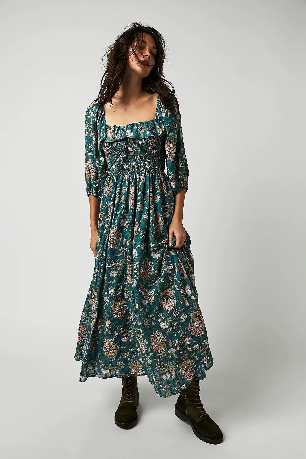 Casual Floral Chic Pullover Half Sleeve Ruffles Ankle-Length Maxi Dress