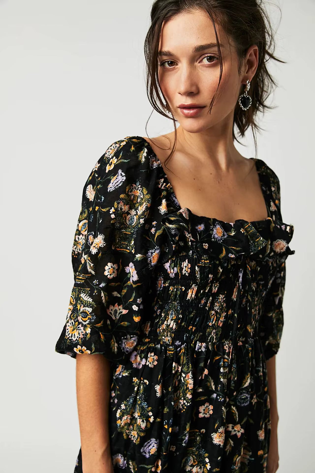 Casual Floral Chic Pullover Half Sleeve Ruffles Ankle-Length Maxi Dress