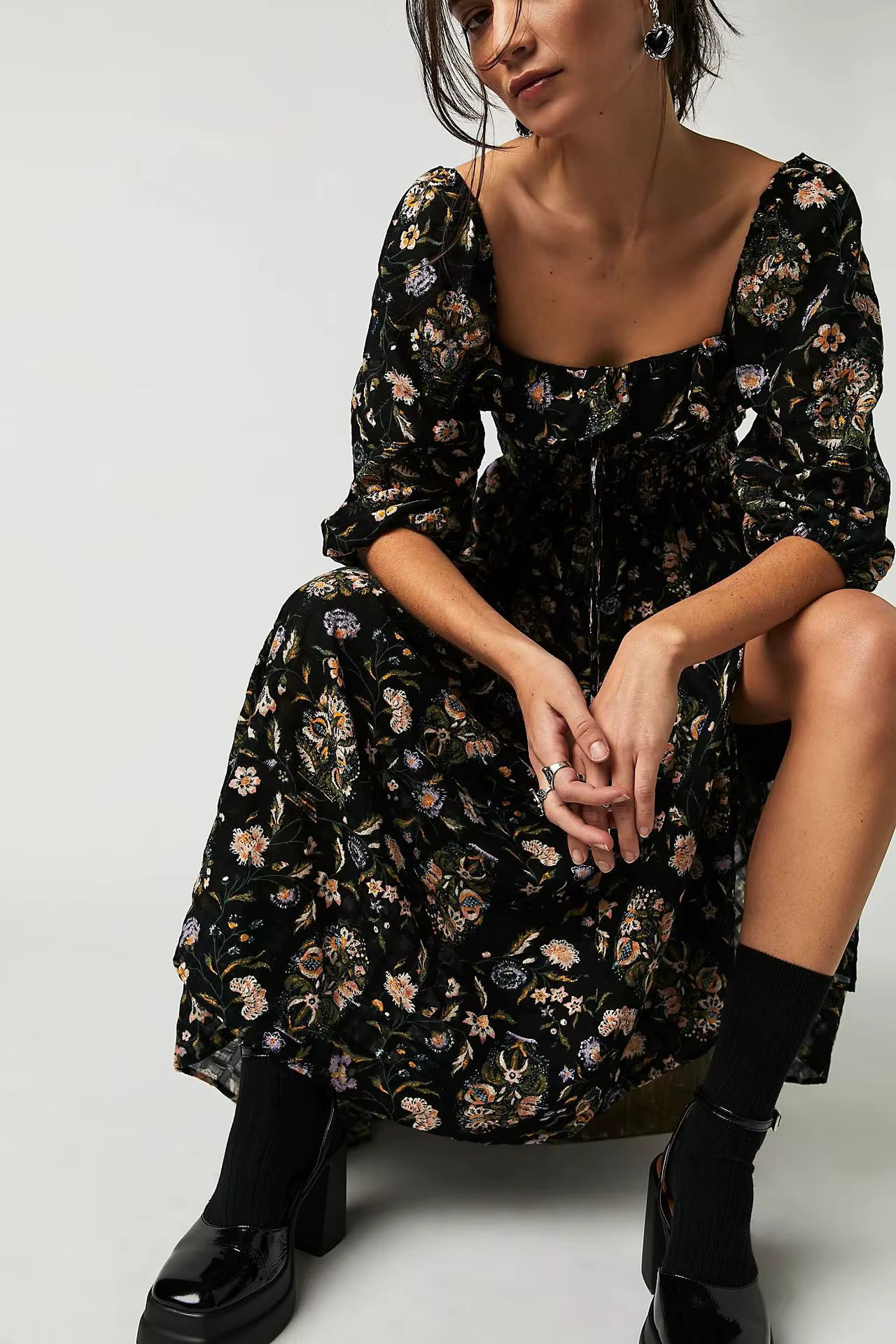 Casual Floral Chic Pullover Half Sleeve Ruffles Ankle-Length Maxi Dress