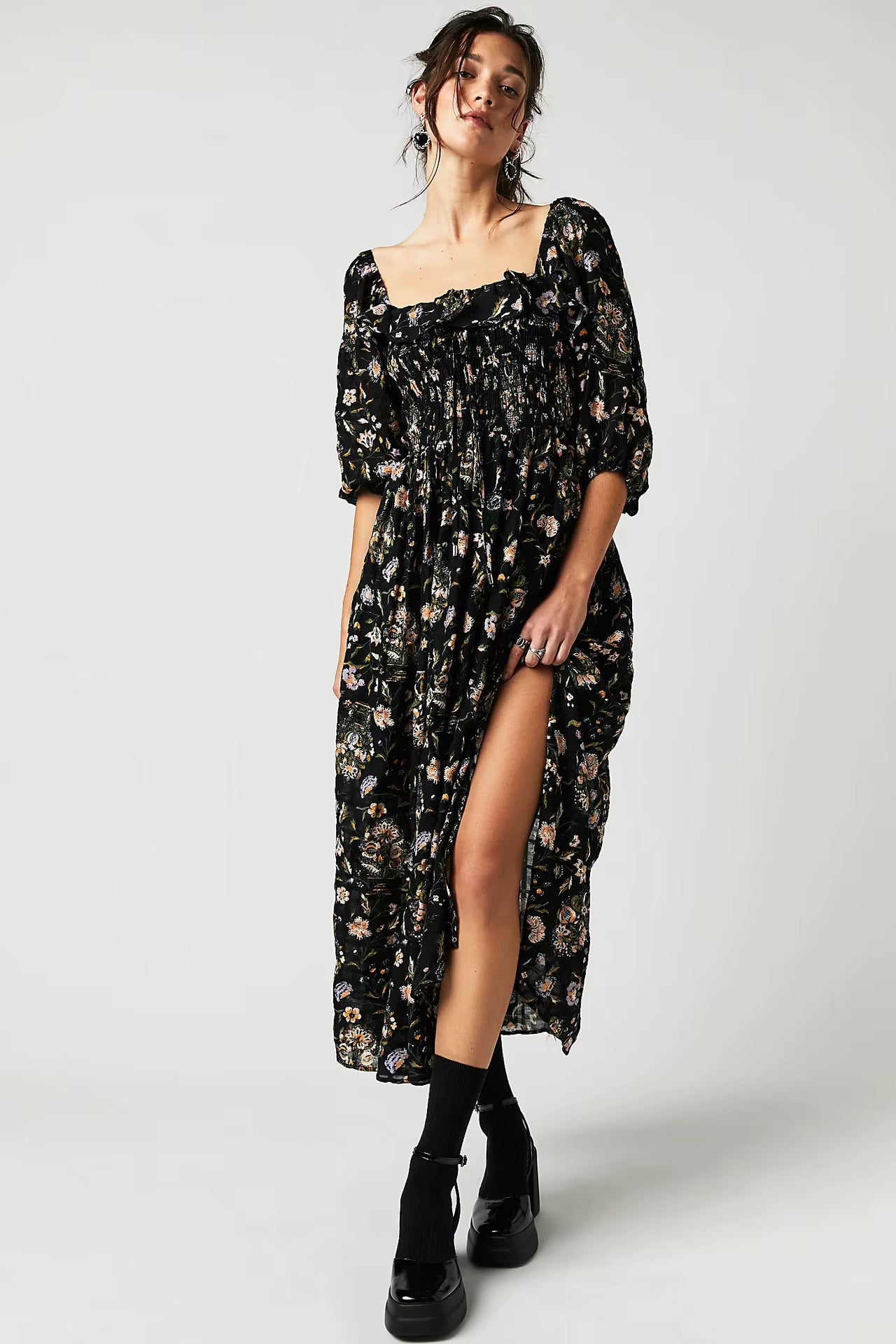 Casual Floral Chic Pullover Half Sleeve Ruffles Ankle-Length Maxi Dress
