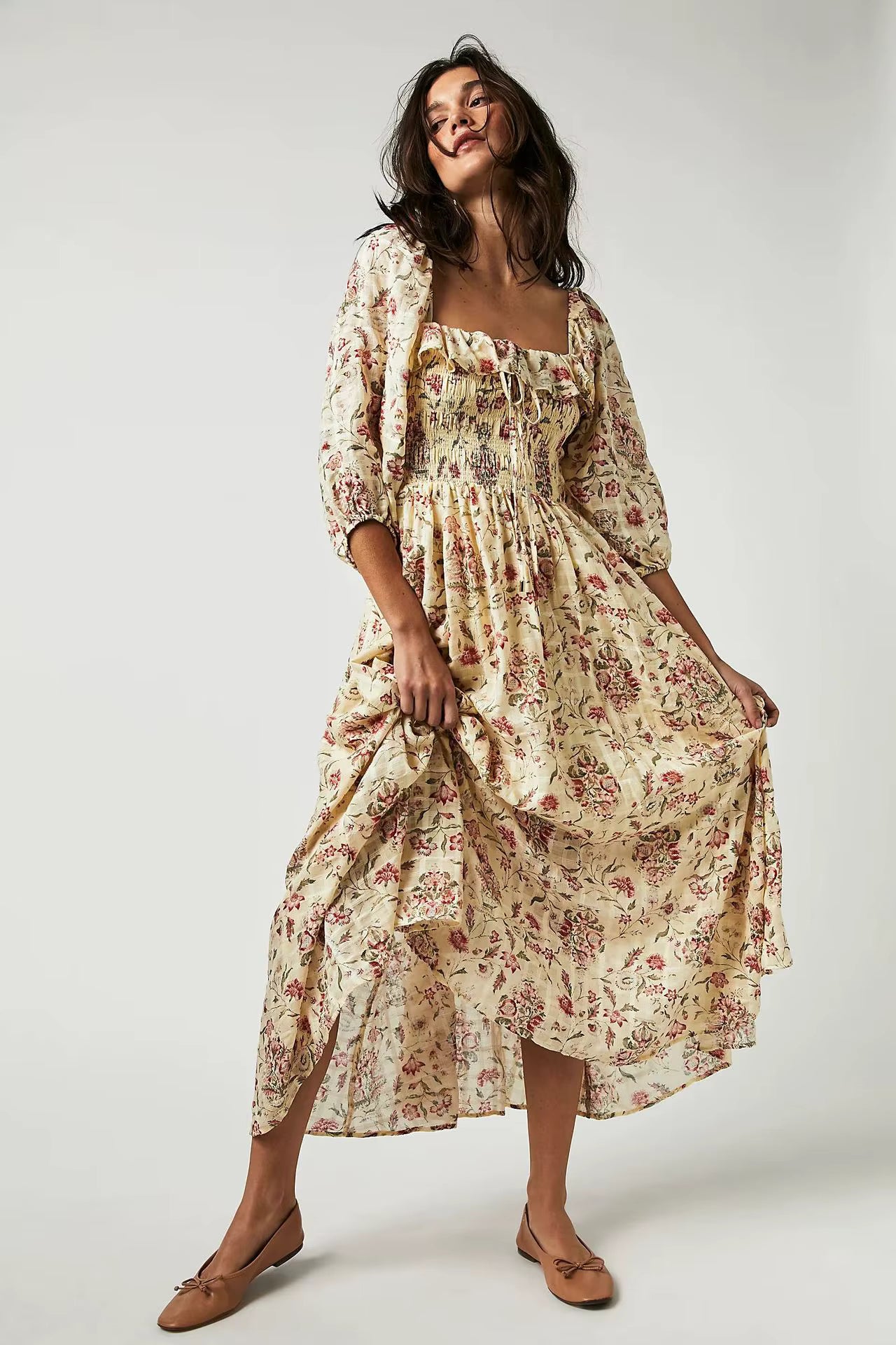 Casual Floral Chic Pullover Half Sleeve Ruffles Ankle-Length Maxi Dress