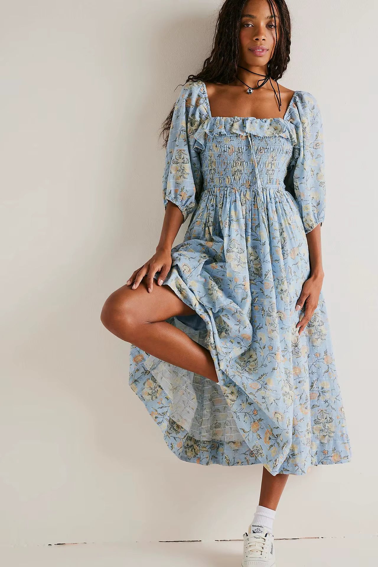 Casual Floral Chic Pullover Half Sleeve Ruffles Ankle-Length Maxi Dress