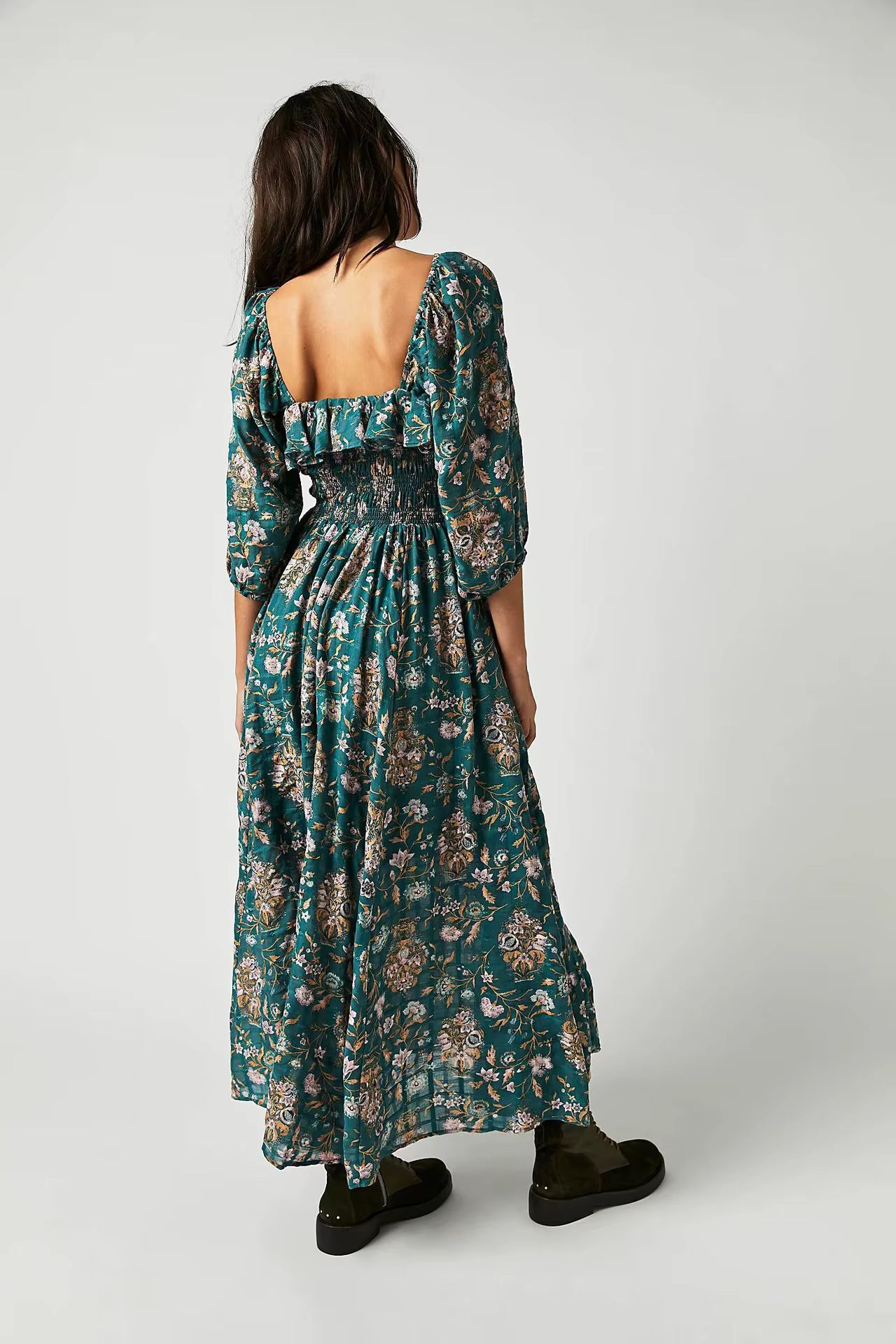 Casual Floral Chic Pullover Half Sleeve Ruffles Ankle-Length Maxi Dress