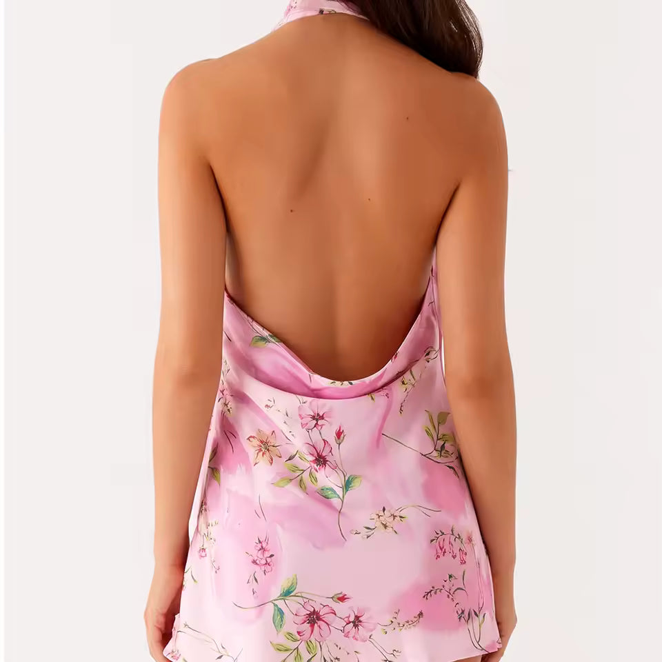 Trendy Floral Halter Neck With Scarf Back Silk Satin Bodycon Mini Dress