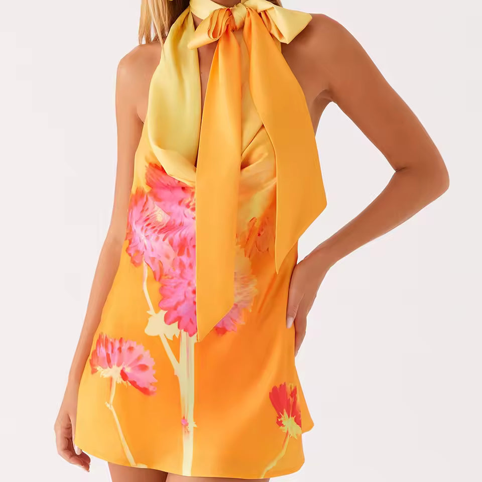 Casual Floral Halter Neck With Scarf Back Silk Satin Bodycon Mini Dress