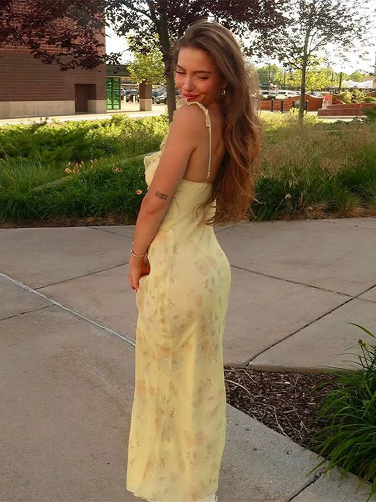 Casual Floral Halter Ruffle Pleated Print V-Neck Slim Fit Diagonal Cut Maxi Dress