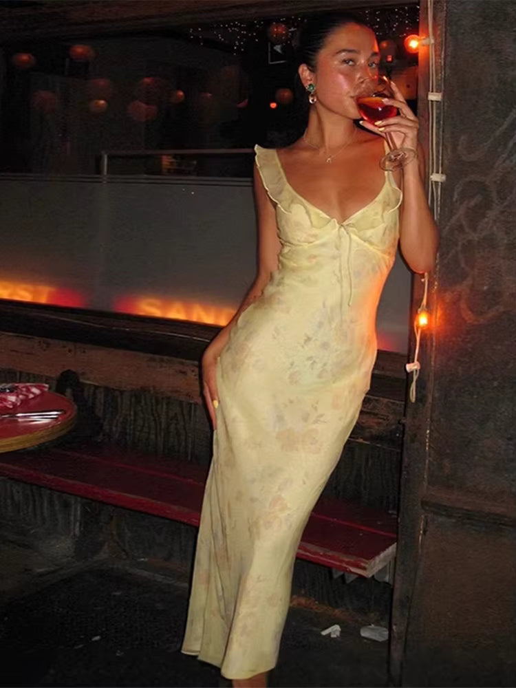 Casual Floral Halter Ruffle Pleated Print V-Neck Slim Fit Diagonal Cut Maxi Dress