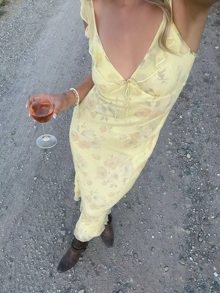 Casual Floral Halter Ruffle Pleated Print V-Neck Slim Fit Diagonal Cut Maxi Dress