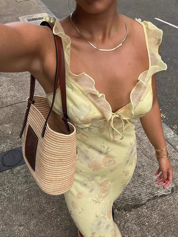 Casual Floral Halter Ruffle Pleated Print V-Neck Slim Fit Diagonal Cut Maxi Dress