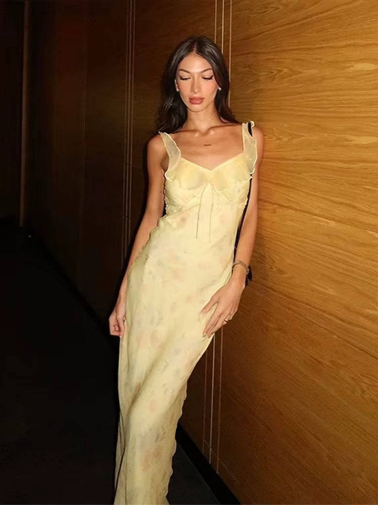 Casual Floral Halter Ruffle Pleated Print V-Neck Slim Fit Diagonal Cut Maxi Dress
