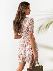 Casual Floral Lace Up Raised V-Neck Belted Layered Mini Dress