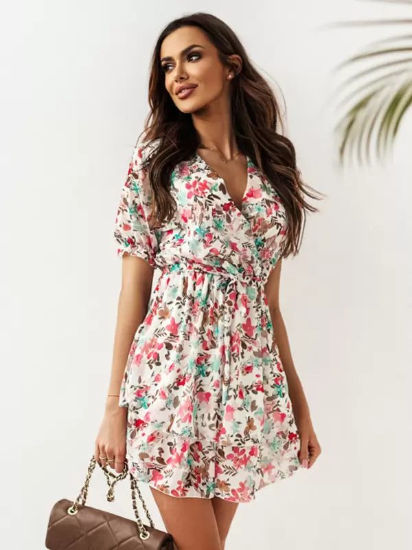 Casual Floral Lace Up Raised V-Neck Belted Layered Mini Dress