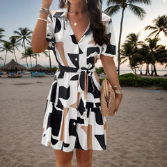 Casual Floral Lace-up Turn Down Collar Short Sleeve Collared Button Dresses