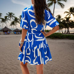 Elegant Floral Lace-up Turn Down Collar Short Sleeve Collared Button Dresses