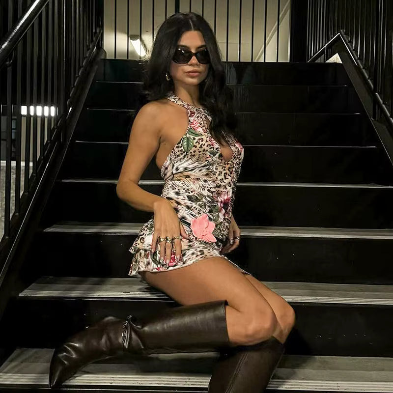 Casual Floral Leopard Print Halter Backless Ruffle Cut Out Beach Style Mini Dress