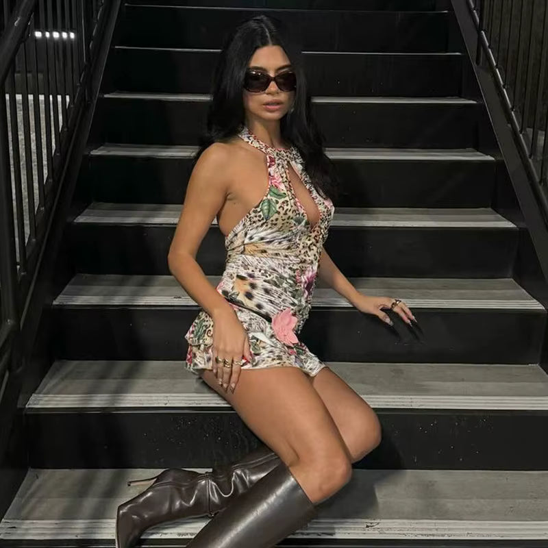Casual Floral Leopard Print Halter Backless Ruffle Cut Out Beach Style Mini Dress