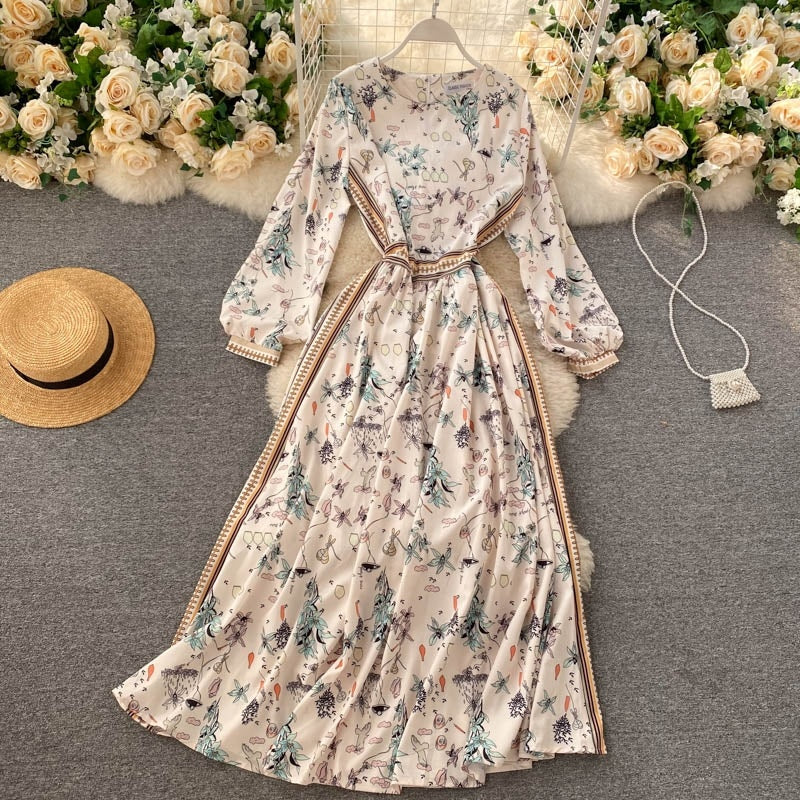 Casual Floral Maxi Style Chic O Neck Long Sleeve Bohemian Print Holiday Dress