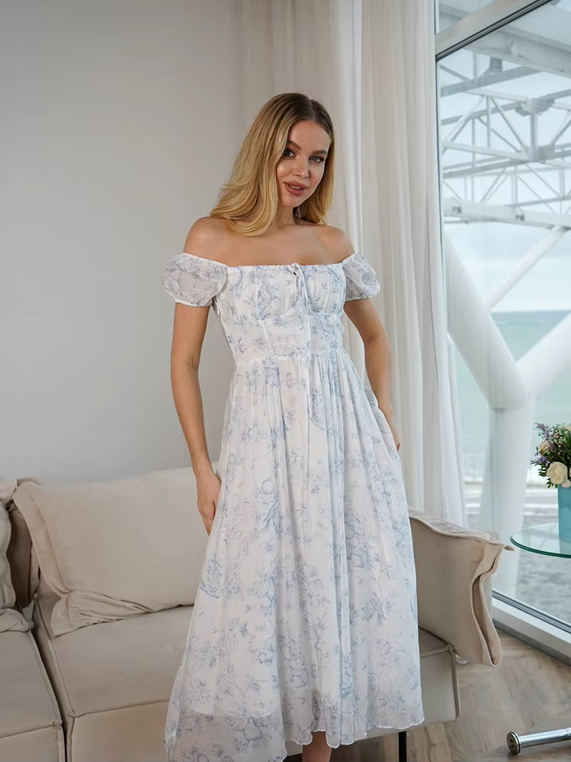 Casual Floral Off Shoulder Beach Style Short Sleeve Bodycon Bandage Midi Dress