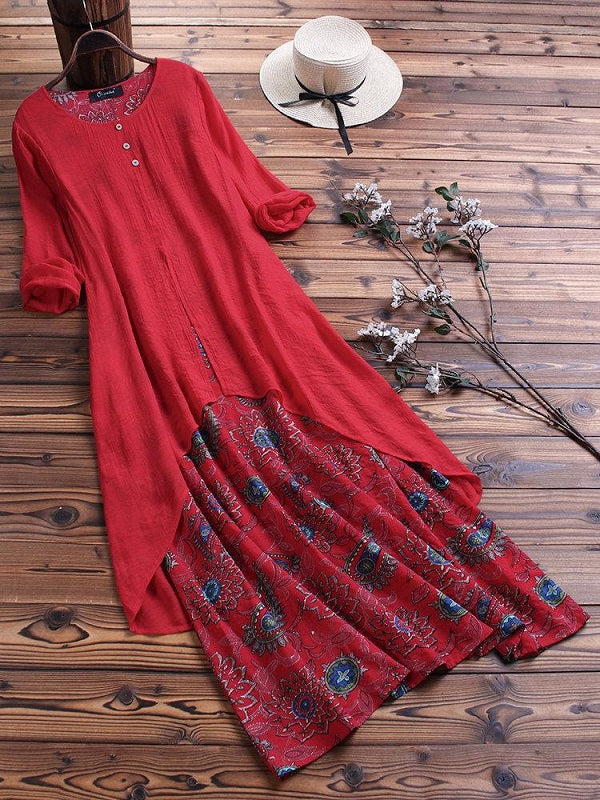 Casual Floral Patchwork Retro Maxi Dress