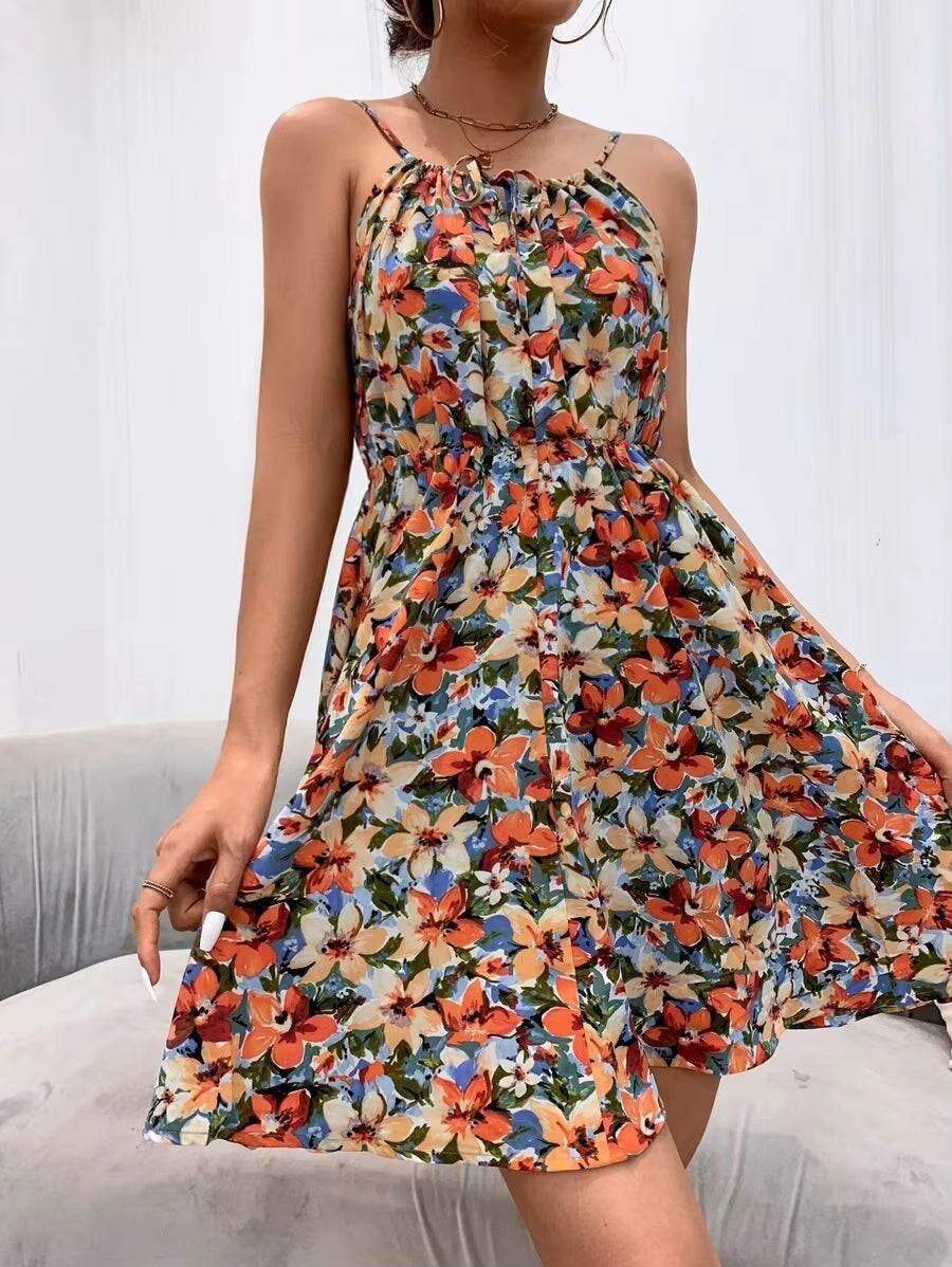 Casual Floral Print Backless Sleeveless Lace-up Beach Style Mini Dress