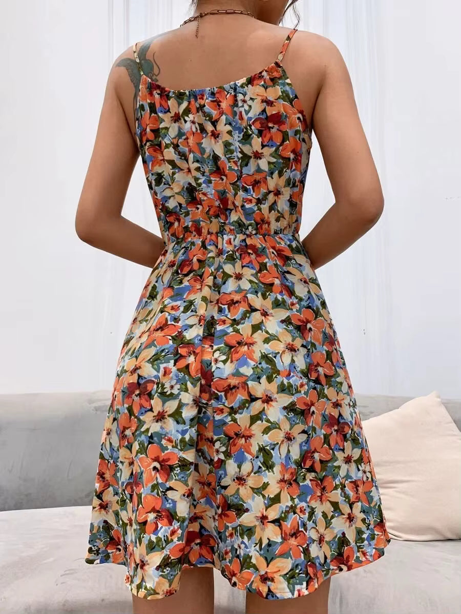 Casual Floral Print Backless Sleeveless Lace-up Beach Style Mini Dress