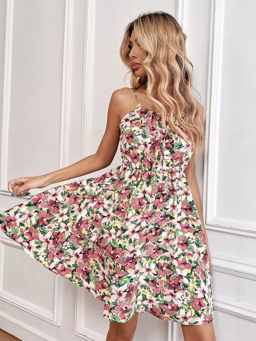 Casual Floral Print Backless Sleeveless Lace-up Beach Style Mini Dress