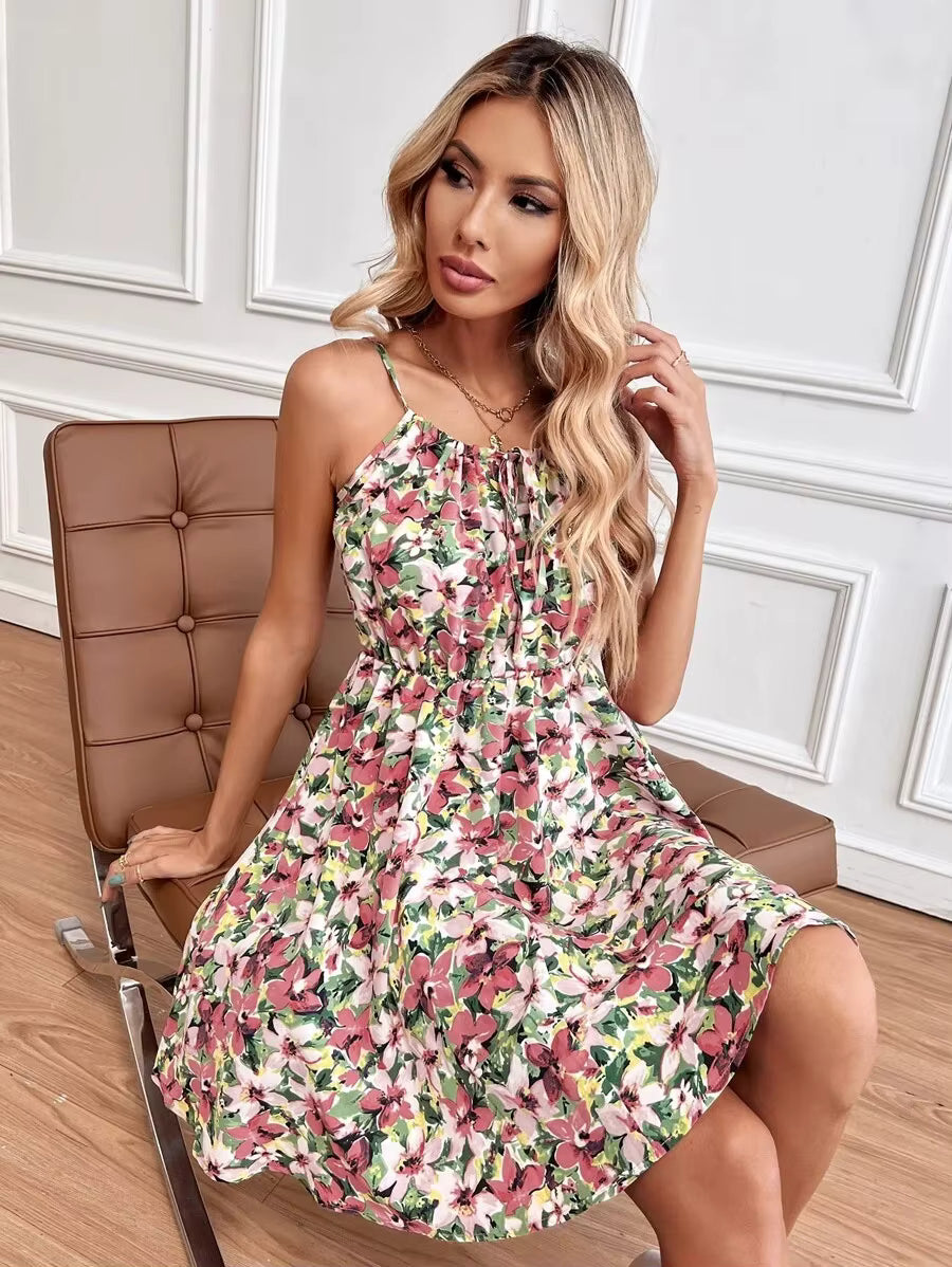 Casual Floral Print Backless Sleeveless Lace-up Beach Style Mini Dress