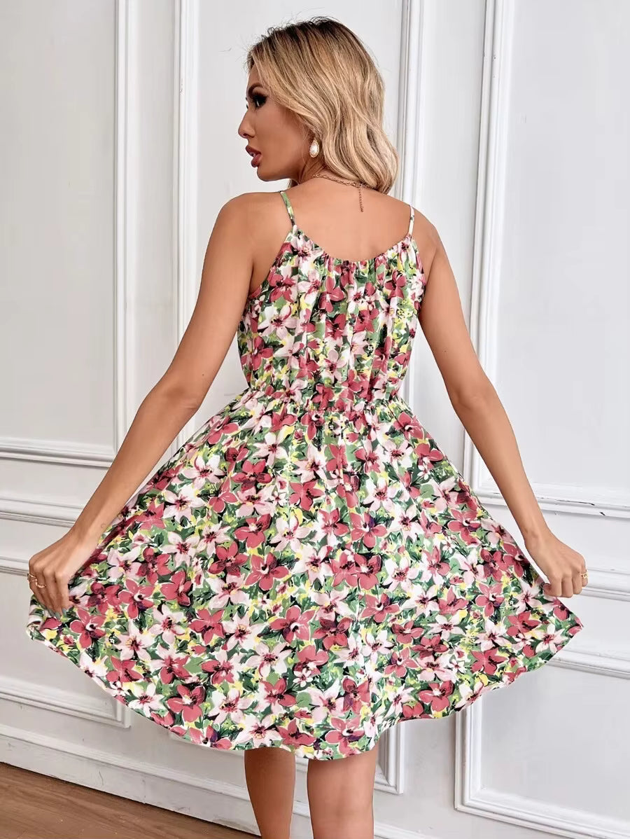 Casual Floral Print Backless Sleeveless Lace-up Beach Style Mini Dress