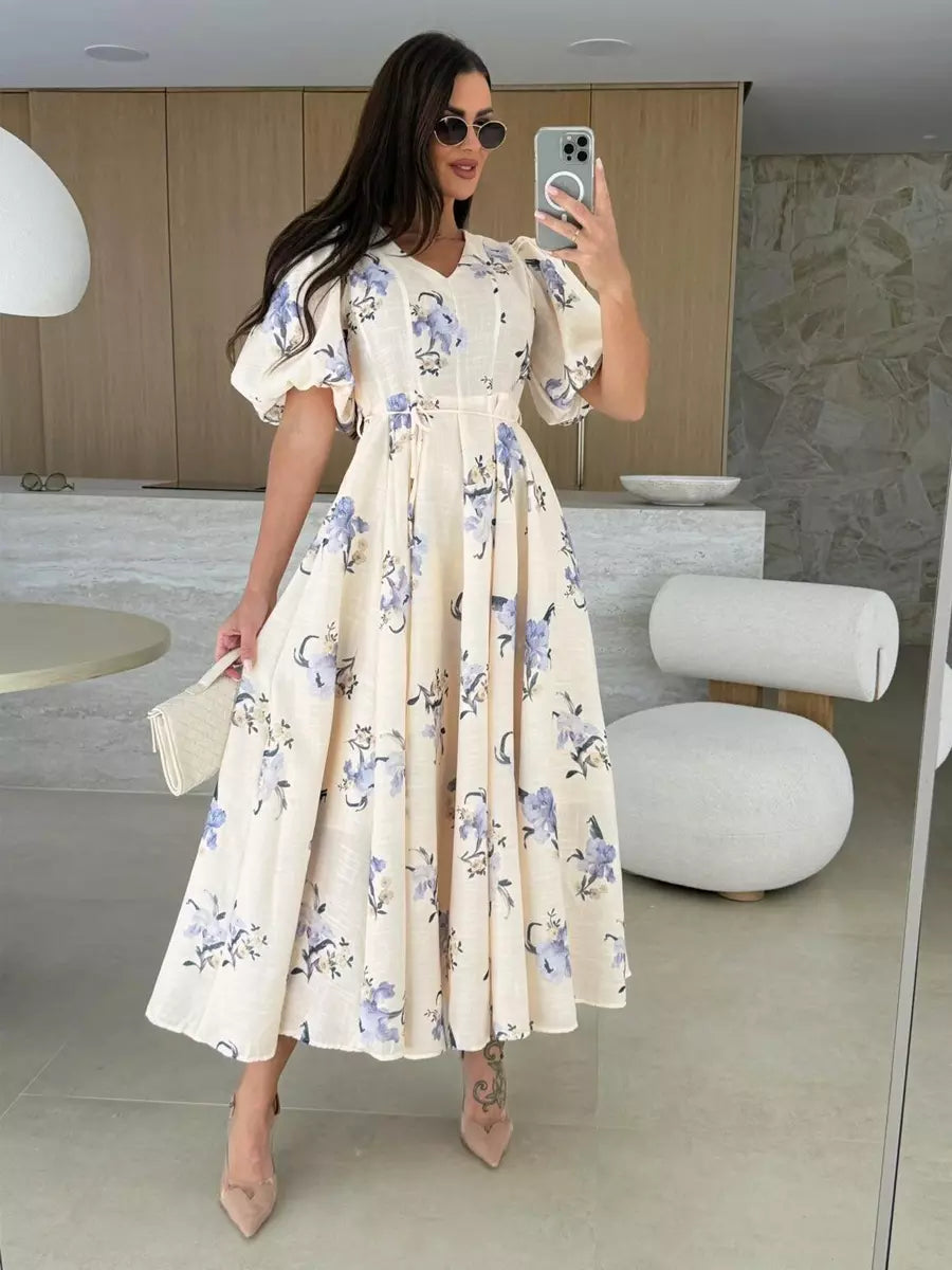 Casual Floral Print Beach Style With Puff Sleeves Long Maxi Dress