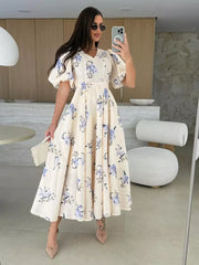 Casual Floral Print Beach Style With Puff Sleeves Long Maxi Dress