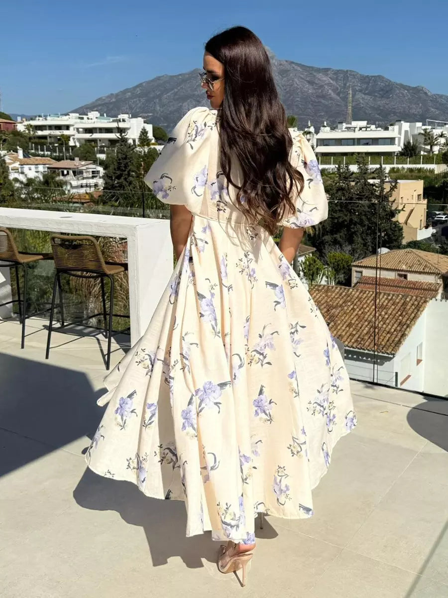 Casual Floral Print Beach Style With Puff Sleeves Long Maxi Dress
