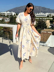 Casual Floral Print Beach Style With Puff Sleeves Long Maxi Dress