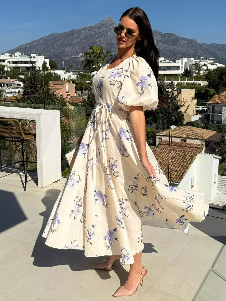 Casual Floral Print Beach Style With Puff Sleeves Long Maxi Dress
