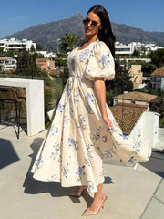 Casual Floral Print Beach Style With Puff Sleeves Long Maxi Dress