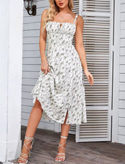 Casual Floral Print Boned Tie Up Split Adjustable Zip Midi Dress