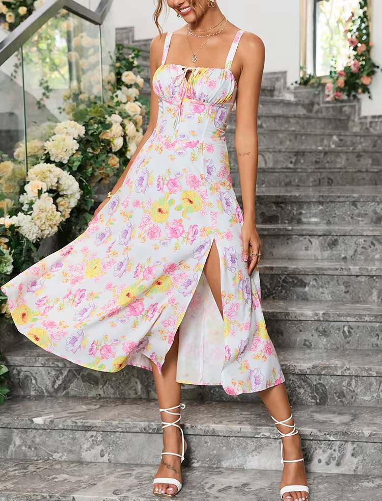 Casual Floral Print Boned Tie Up Split Adjustable Zip Midi Dress