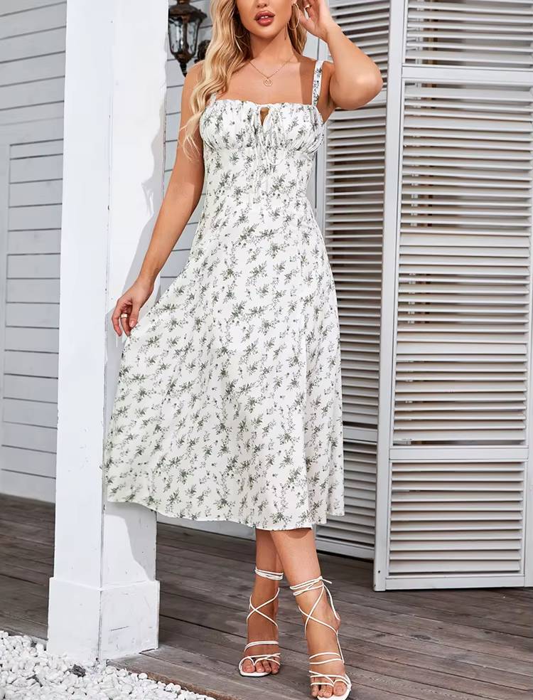 Casual Floral Print Boned Tie Up Split Adjustable Zip Midi Dress