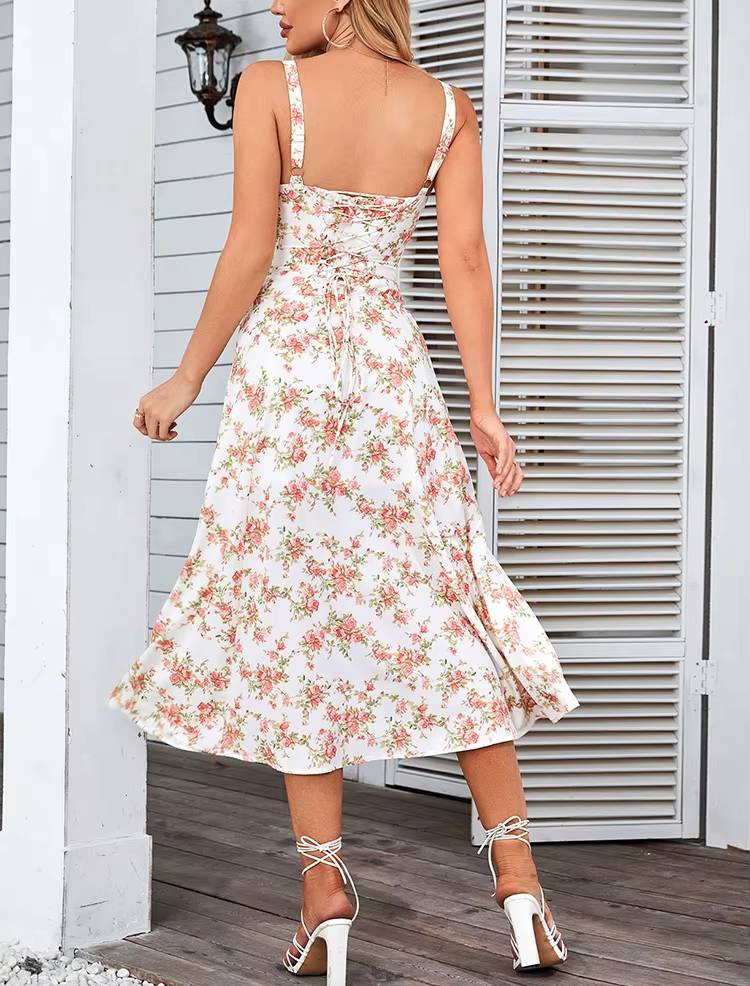 Casual Floral Print Boned Tie Up Split Adjustable Zip Midi Dress