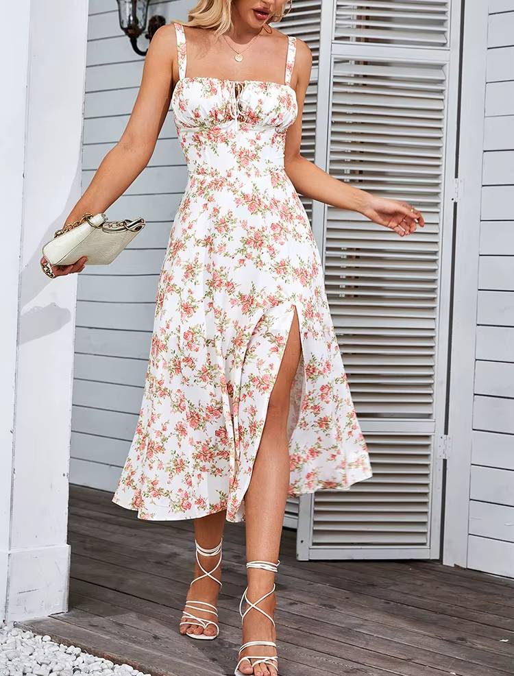 Casual Floral Print Boned Tie Up Split Adjustable Zip Midi Dress