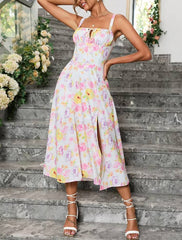 Casual Floral Print Boned Tie Up Split Adjustable Zip Midi Dress