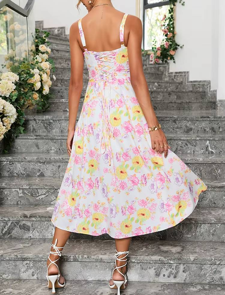Casual Floral Print Boned Tie Up Split Adjustable Zip Midi Dress