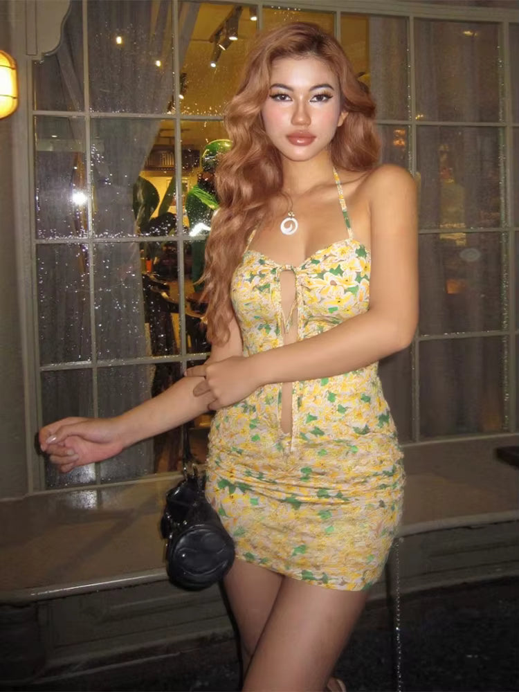 Casual Floral Print Halter Bandage Shirring Tanks Mini Skirts Two Piece Set