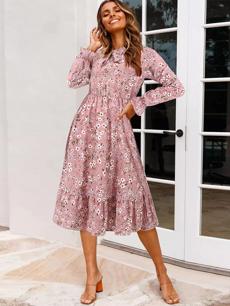 Casual Floral Print Jewel Neck With Long Sleeve Bows Midi Dress