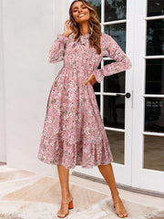 Casual Floral Print Jewel Neck With Long Sleeve Bows Midi Dress