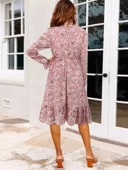 Casual Floral Print Jewel Neck With Long Sleeve Bows Midi Dress
