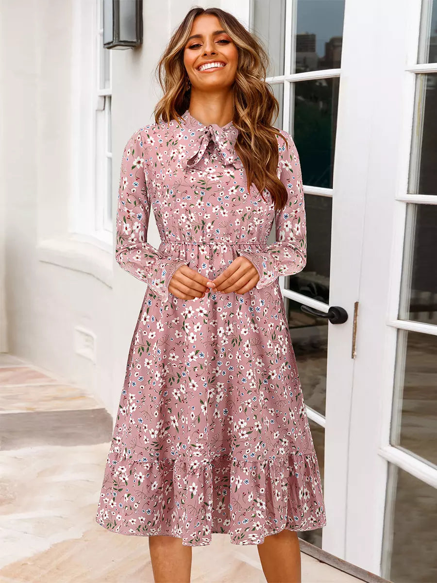 Casual Floral Print Jewel Neck With Long Sleeve Bows Midi Dress