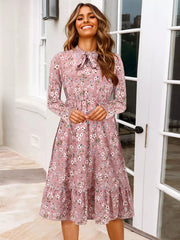 Casual Floral Print Jewel Neck With Long Sleeve Bows Midi Dress
